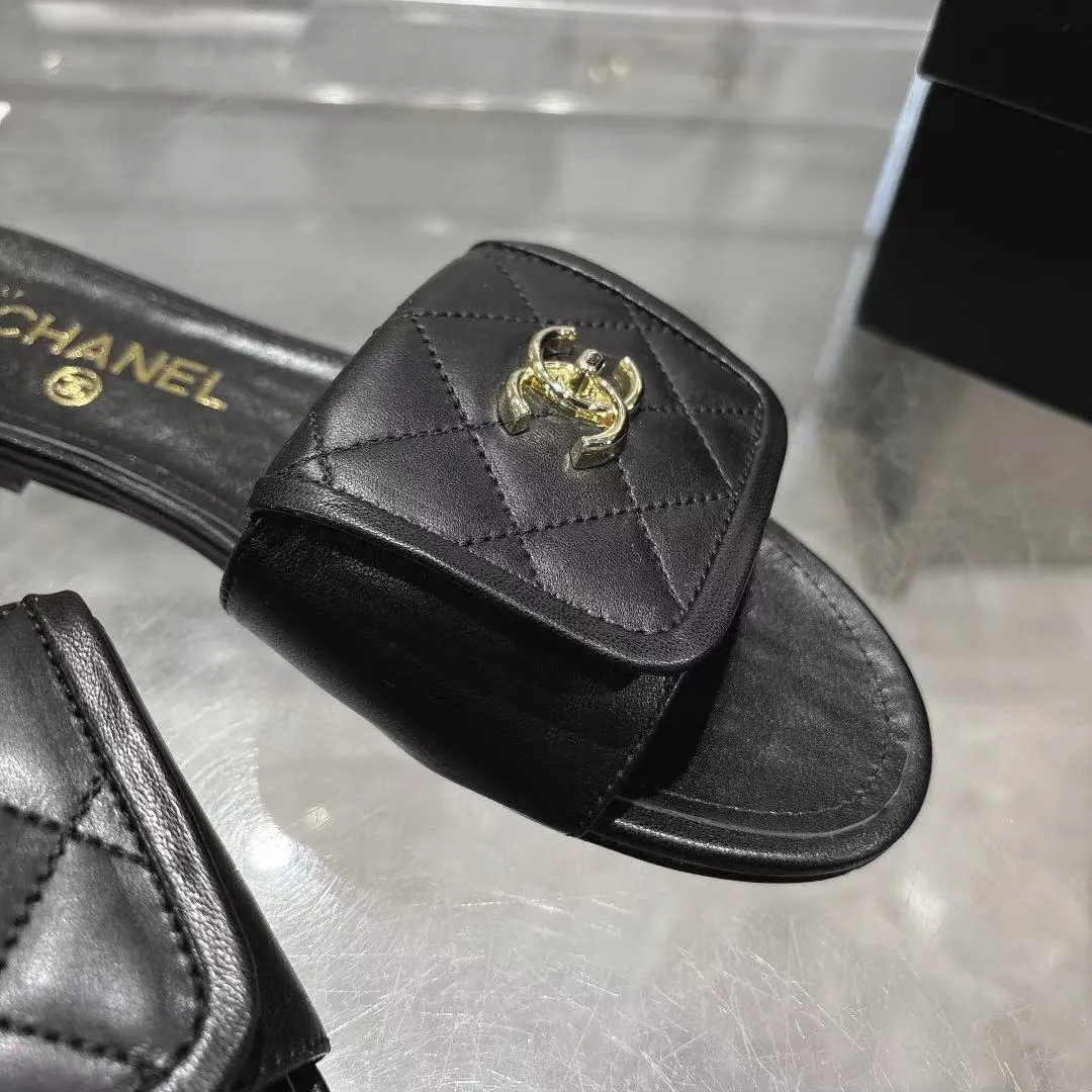 👟👟Ex-factory price 340👟👟Chanel Chanel 25C new women's double C schoolbag buckle flat sandals, fabric sheepskin, color: black: white: pink: apricot, code number: 5-40 (customized 41 42 43 customized non-refundable)